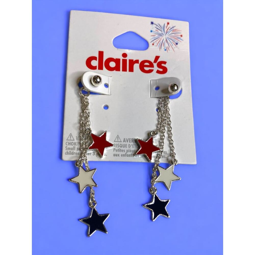Claires New Post Pierced Earrings Silvertone Stars Patriotic USA 2.5 Inch Drop
